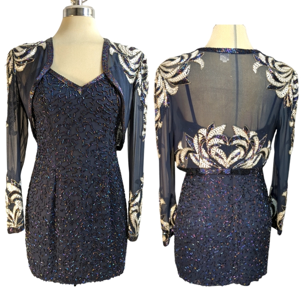 MORIGANA Dark Blue Gorgeous 2 Pieces Embellished Beaded Dress and Cover Jacket